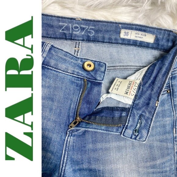 ZARA Basic Z1975 Distressed Busted Knee Mid-Rise Skinny Jeans Fringe Hem Size 4 - Picture 5 of 9